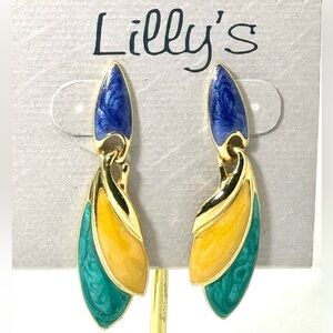 Vintage Lilly’s Blue Green Yellow & Gold Enamel Geometric Dangle Earrings